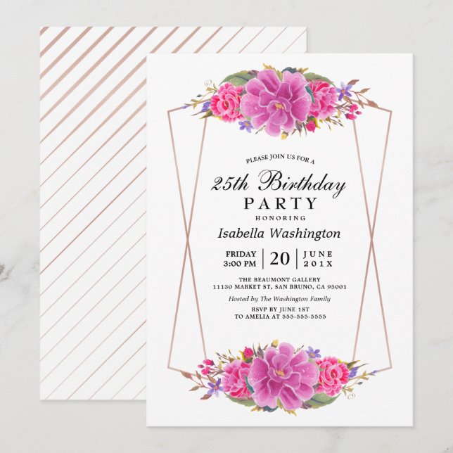 Pink Flowers & Rose Gold Geometric Birthday Party Invitation (Front/Back)