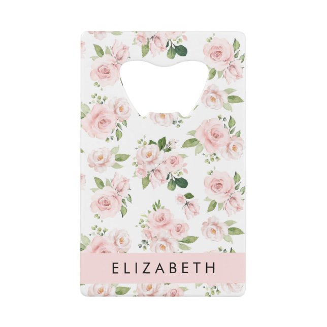 Pink Flowers, Roses, Watercolor Flowers, Your Name (Front)
