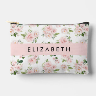 Pink Flowers, Roses, Watercolor Flowers, Your Name Accessory Pouch