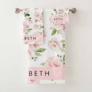 Pink Flowers, Roses, Watercolor Flowers, Your Name Bath Towel Set