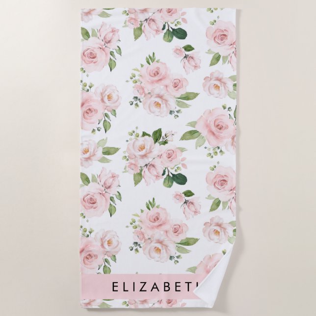 Pink Flowers, Roses, Watercolor Flowers, Your Name Beach Towel (Front)