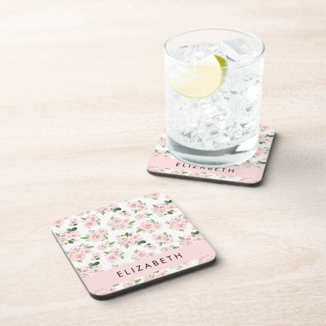 Pink Flowers, Roses, Watercolor Flowers, Your Name Coaster (Right Side)