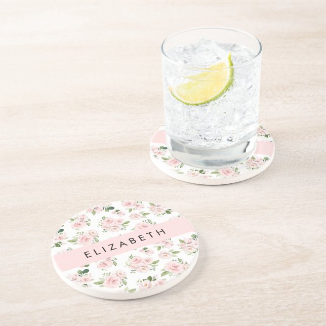 Pink Flowers, Roses, Watercolor Flowers, Your Name Coaster (Side)
