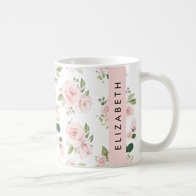 Pink Flowers, Roses, Watercolor Flowers, Your Name Coffee Mug (Right)