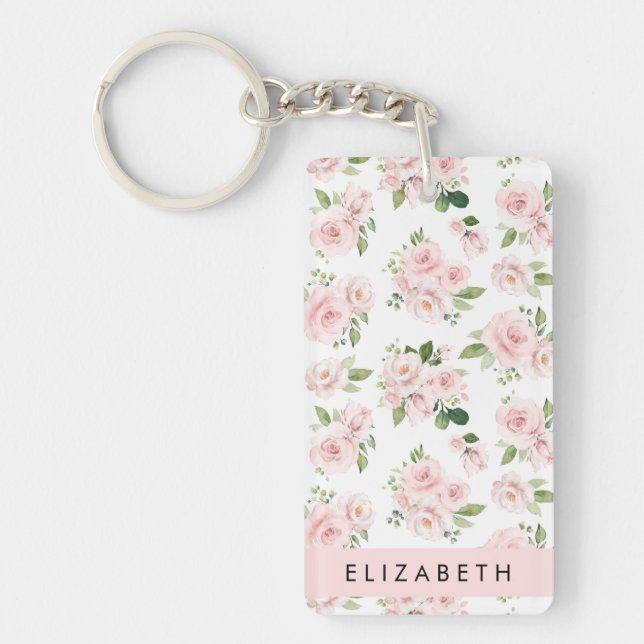 Pink Flowers, Roses, Watercolor Flowers, Your Name Key Ring (Front)