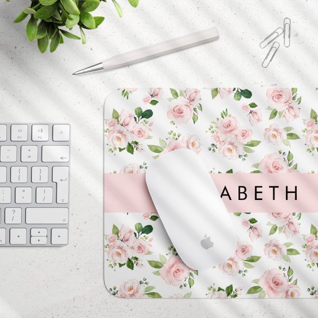 Pink Flowers, Roses, Watercolor Flowers, Your Name Mouse Mat (Creator Uploaded)