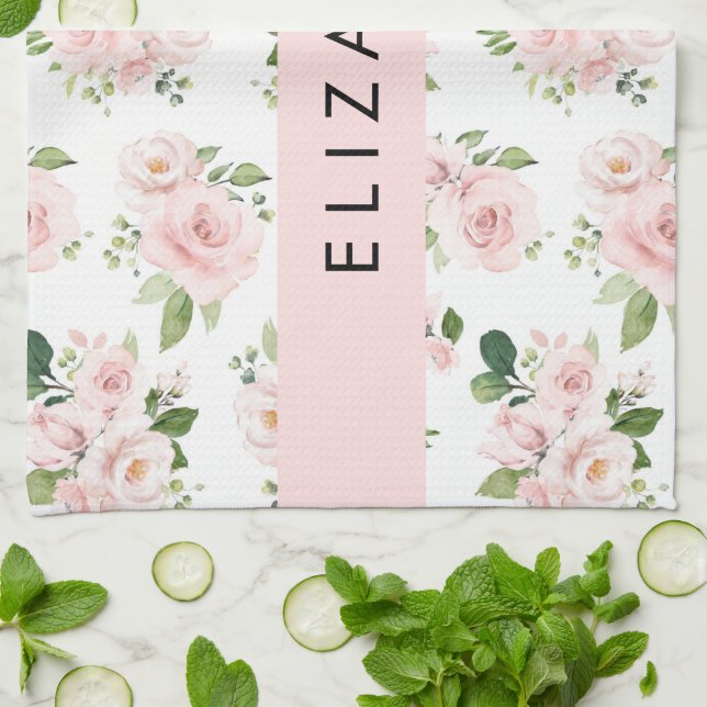Pink Flowers, Roses, Watercolor Flowers, Your Name Tea Towel (Folded)