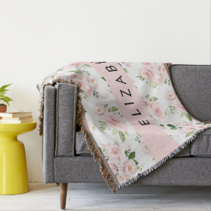 Pink Flowers, Roses, Watercolor Flowers, Your Name Throw Blanket
