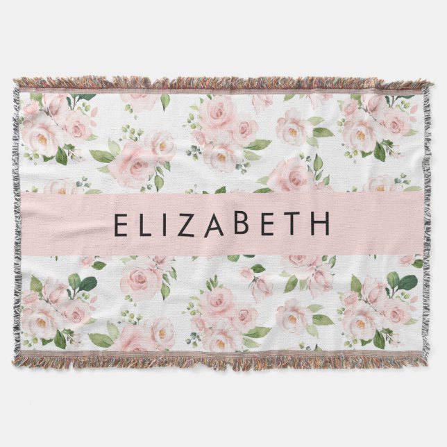 Pink Flowers, Roses, Watercolor Flowers, Your Name Throw Blanket (Front)