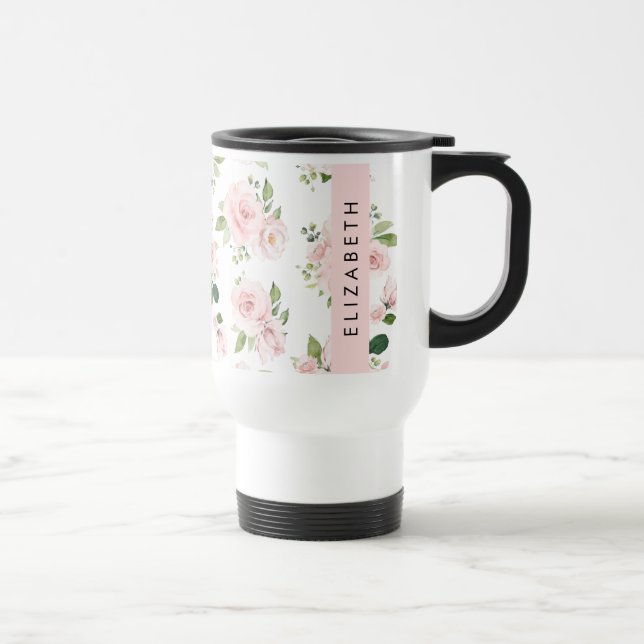 Pink Flowers, Roses, Watercolor Flowers, Your Name Travel Mug (Right)