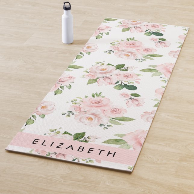 Pink Flowers, Roses, Watercolor Flowers, Your Name Yoga Mat (In Situ)