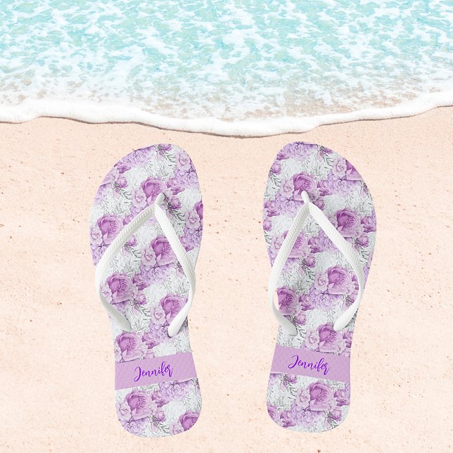 Pink flowers roses white name script flip flops (Creator Uploaded)