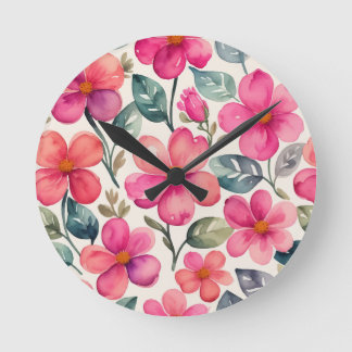 Pink Flowers Round Clock