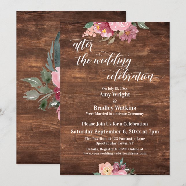Pink Flowers Rustic After the Wedding Celebration Invitation (Front/Back)