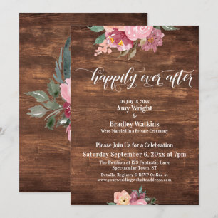 Pink Flowers Rustic Happily Ever After Reception Invitation