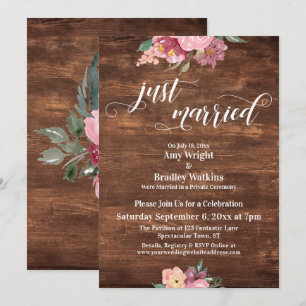 Pink Flowers Rustic Just Married Reception-Only Invitation