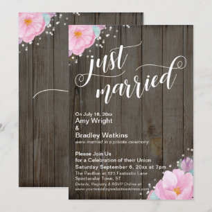 Pink Flowers Rustic Just Married Reception-Only Invitation