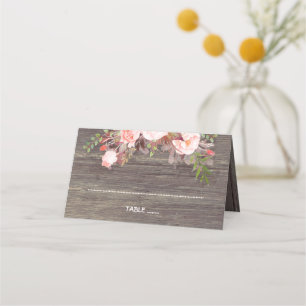 Pink Flowers Rustic Wood Wedding Place Card