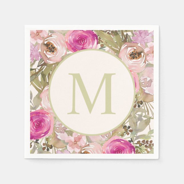 Pink Flowers Sage Green Leaves Monogram Initial Napkin (Front)