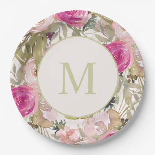 Pink Flowers Sage Green Leaves Monogram Initial  Paper Plate