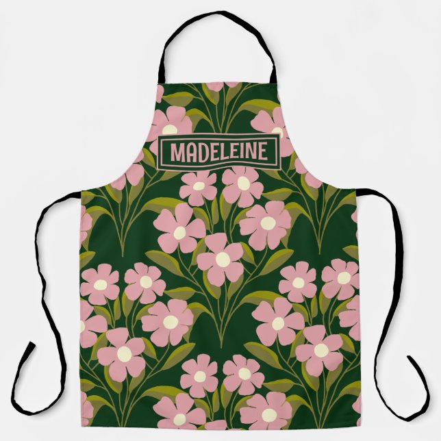 Pink Flowers Sage Green Leaves pattern Apron (Front)