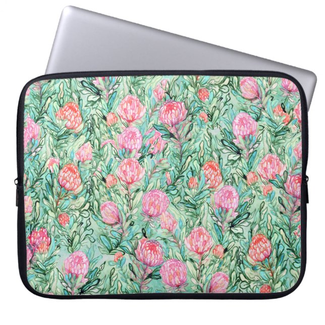 Pink flowers, sage green, seamless. laptop sleeve (Front)