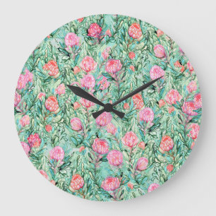 Pink flowers, sage green, seamless. large clock