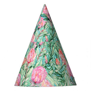 Pink flowers, sage green, seamless. party hat