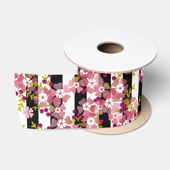 Pink flowers satin ribbon (Spool)