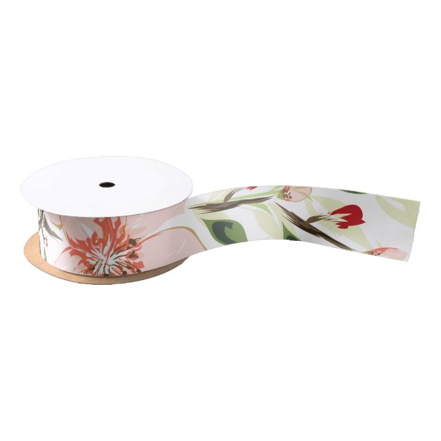 Pink flowers satin ribbon (Spool)