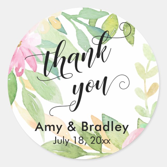 Pink Flowers Script Thank You Personalised Wedding Classic Round Sticker (Front)
