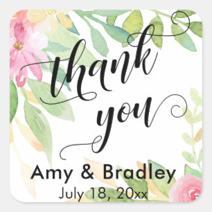 Pink Flowers Script Thank You Personalised Wedding Square Sticker