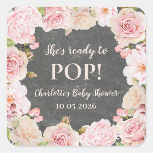 Pink Flowers She's Ready to Pop Baby Shower Tag