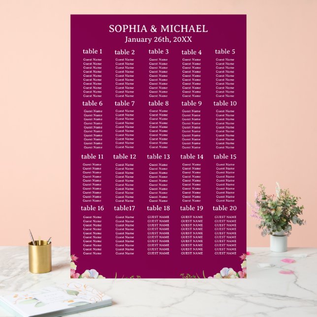 Pink Flowers Simple Wedding Seating Charts (Wedding)
