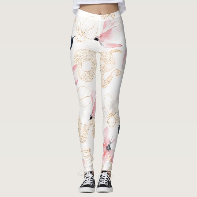 Pink flowers snake pattern leggings (Front)