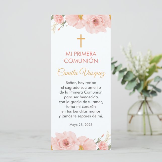 Pink Flowers Spanish First Communion Bookmark (Standing Front)