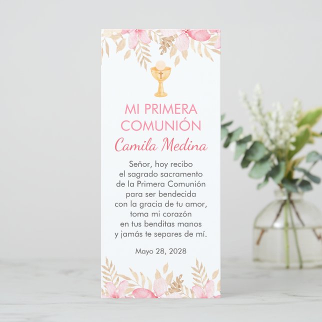 Pink Flowers Spanish First Communion Bookmark (Standing Front)