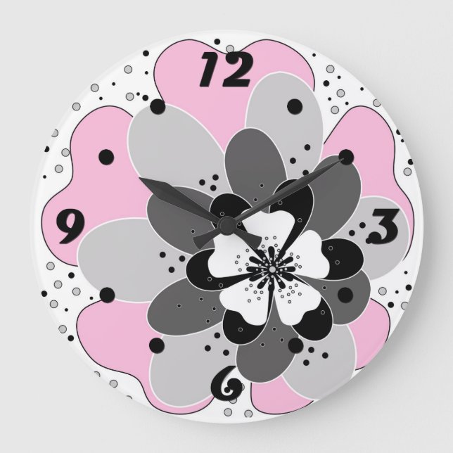 Pink flowers spring summer large clock (Front)