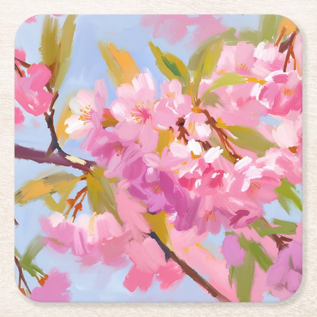 Pink Flowers Square Paper Coaster (Front)