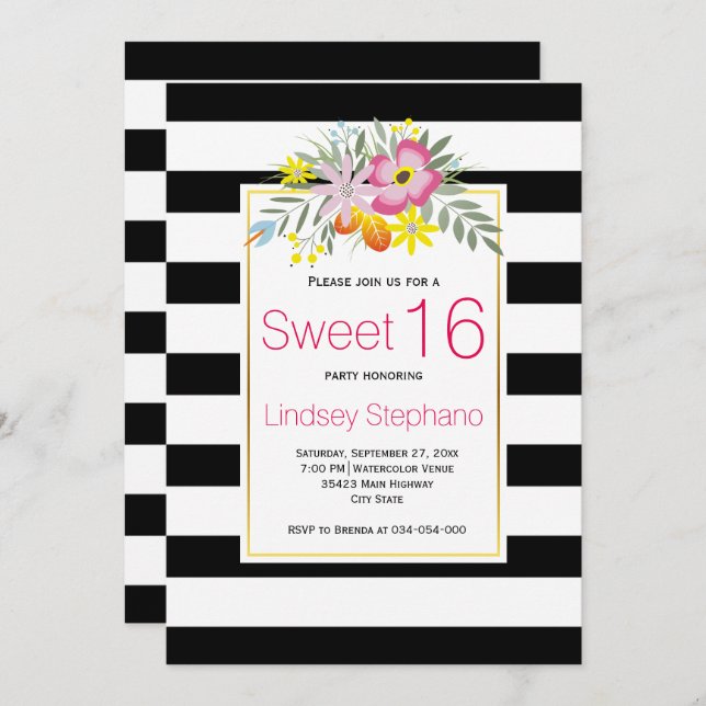 Pink flowers, stripes sweet sixteen birthday invitation (Front/Back)