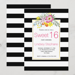 Pink flowers, stripes sweet sixteen birthday invitation