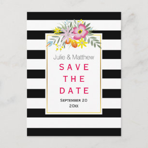 Pink flowers & stripes wedding Save the Date Announcement Postcard
