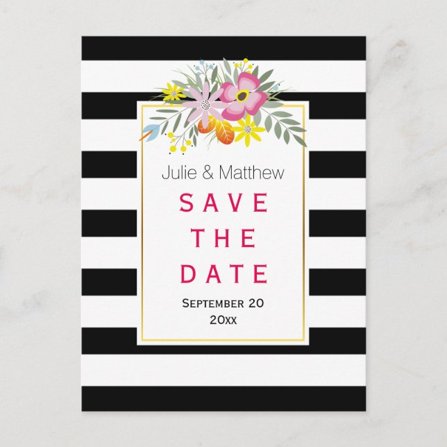 Pink flowers & stripes wedding Save the Date Announcement Postcard (Front)