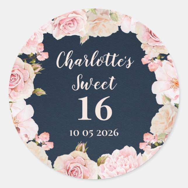 Pink Flowers Sweet 16 Birthday Favour Tag (Front)