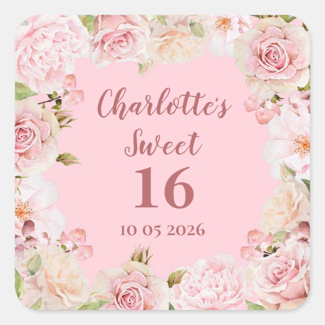 Pink Flowers Sweet 16 Birthday Favour Tag (Front)