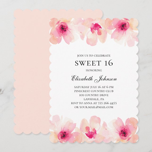 Pink flowers sweet 16. Blush floral 16th birthday Invitation (Front/Back)