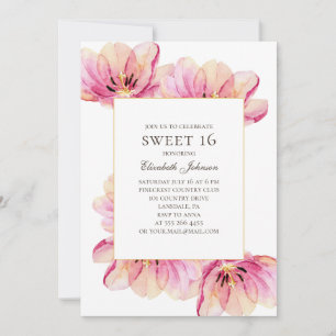 Pink flowers Sweet 16. Spring floral 16th birthday Invitation