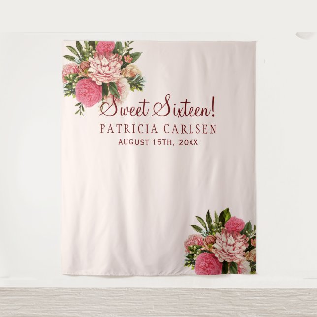 Pink flowers sweet sixteen photo booth backdrop tapestry (Front)