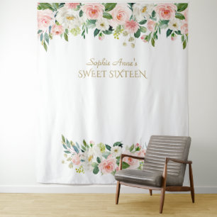 Pink Flowers Sweet Sixteen Photo Booth Backdrop Tapestry
