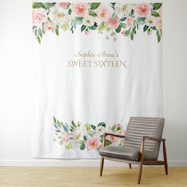 Pink Flowers Sweet Sixteen Photo Booth Backdrop Tapestry (In Situ)